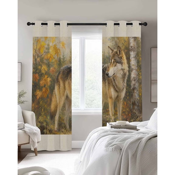 Fall Wolf Blackout Curtains 2 Panels, Rustic Wildlife Amber Maple Leaf Birch Tree Forest Thermal Insulated Grommet Window Curtains for Bedroom Living Room 27.5"x39"