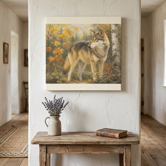 Fall Wolf Canvas Wall Art for Living Room Bedroom Bathroom, Rustic Wildlife Amber Maple Leaf Birch Tree Forest Canvas Art Wall Decor, Artwork for Walls Home Office Decor, 8"x8"