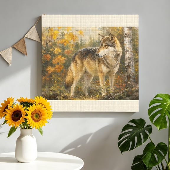 Fall Wolf Canvas Wall Art, Rustic Wildlife Amber Maple Leaf Birch Tree Forest Framed Picture Canvas Wall Art Print Decor Artwork Decorations for Living Room Bedroom Ready to Hang 8" x 8"