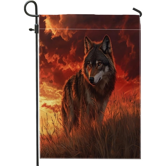 Fall Wolf Garden Flags 12x18 Inch Double Sided for Outside, Autumn Country Field Landscape Front Yard Small Canvas House Flags, Animal Burlap Backyard Lawn Flags for Outdoor