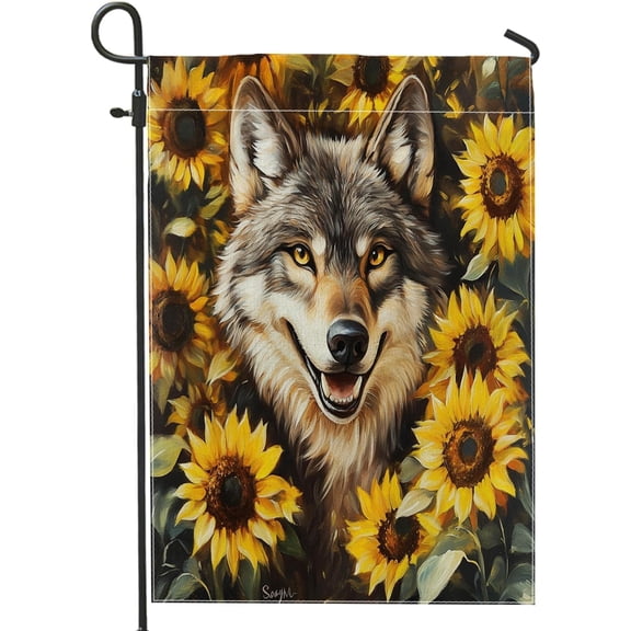 Fall Wolf Garden Flags 12x18 Inch Double Sided for Outside, Autumn Oil Painting Sunflowers Front Yard Small Canvas House Flags, Animal Burlap Backyard Lawn Flags for Outdoor
