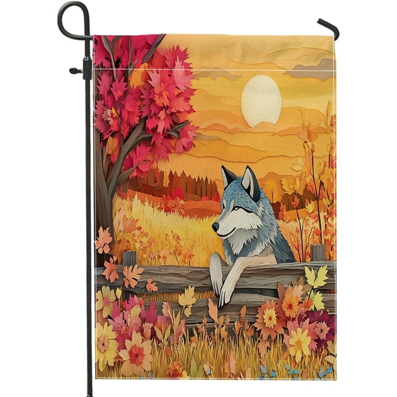 Fall Wolf Garden Flags 12x18 Inch Double Sided for Outside, Novelty Autumn Country Field Front Yard Small Canvas House Flags, Animal Burlap Backyard Lawn Flags for Outdoor