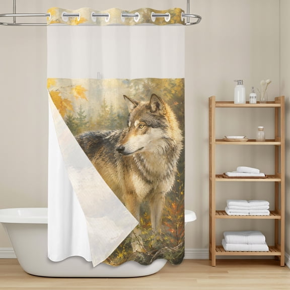 Fall Wolf No Hook Shower Curtain with Snap in Liner, Rustic Wildlife Amber Maple Leaf Birch Tree Forest Waterproof Shower Curtains with See Through Top Window Liner for Bathroom, 36x72 Inches