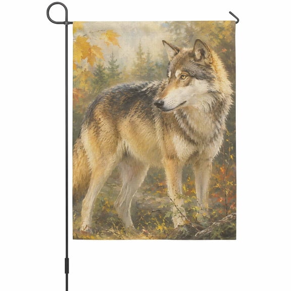 Fall Wolf House Flag 28 x 40 Inches, Rustic Wildlife Amber Maple Leaf Birch Tree Forest Weather Proof Outdoor Patio Flags Double Sided Small House Decoration for Yard Lawn Outside Home