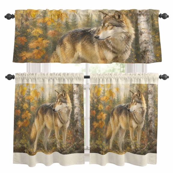 Fall Wolf Kitchen Curtains Valances 3 Piece Set, Rustic Wildlife Amber Maple Leaf Birch Tree Forest Rod Pocket Tier Curtain and Valance Drapes for Small Window 24 Inch Length for Bedroom Cafe