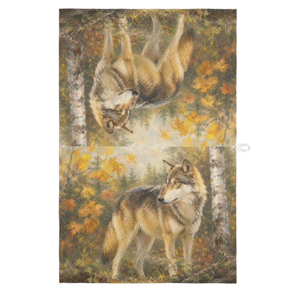 Fall Wolf Kitchen Towels Dish Towel Pack of 1 Rustic Wildlife Amber Maple Leaf Birch Tree Forest Soft Dish Cloth Set Absorbent Dishcloth for Drying Dishes, Hand Towels 18 x 28 Inches