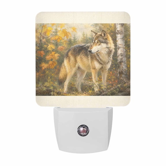 Fall Wolf Night Lights, Rustic Wildlife Amber Maple Leaf Birch Tree Forest Smart Auto Dusk to Dawn Sensor Nightlights Plug-in Nightlight for Bedroom Bathroom Living Room Kitchen Hallway