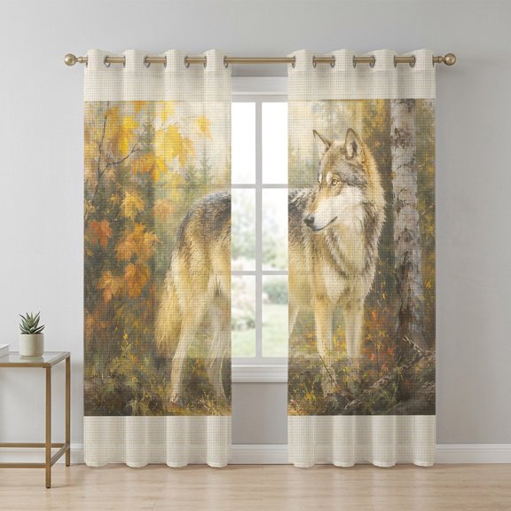 Fall Wolf Sheer Curtains 96 Inch Long 2 Panels, Rustic Wildlife Amber Maple Leaf Birch Tree Forest Light Filtering Semi Sheer Drapes Grommet Voile Window Curtain for Living Bedroom W52 x L96