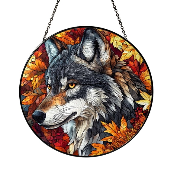 Fall Wolf Stained Glass Window Hanging, Howling Wolf Gothic Decor, Halloween Inspired Home Accent, Perfect Gift for Wolf Lovers