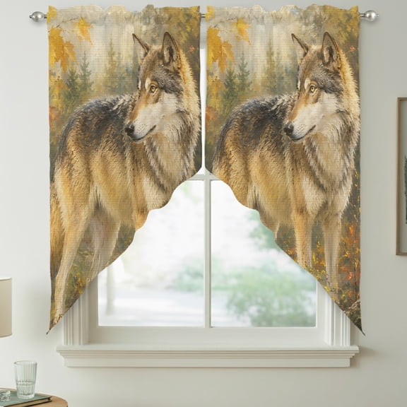 Fall Wolf Swag Curtain Valances for Kitchen, Rustic Wildlife Amber Maple Leaf Birch Tree Forest Rod Pocket Curtains Window Treatment Swag Valance for Bedroom Bathroom, 2 Panels 28 x 36 Inch