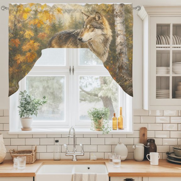 Fall Wolf Swag Valance for Windows, Rustic Wildlife Amber Maple Leaf Birch Tree Forest Swag Curtains Valances for Small Window Treatment Rod Pocket for Kitchen Bathroom 1 Panel 56x36in