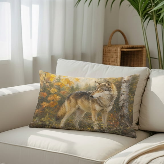 Fall Wolf Throw Pillow Covers, Rustic Wildlife Amber Maple Leaf Birch Tree Forest Decorative Lumbar Throw Pillowcase Cushion Cover with Smooth Hidden Zipper for Bedroom Sofa 12 x 20 Inches