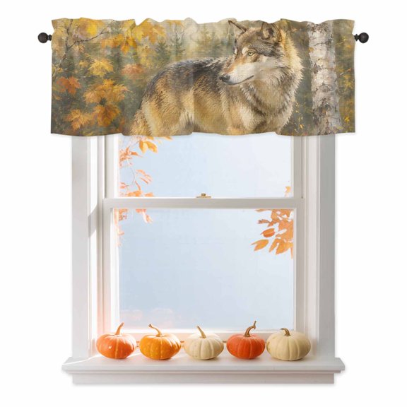 Fall Wolf Valances for Windows, Rustic Wildlife Amber Maple Leaf Birch Tree Forest Rod Pocket Valance Short Window Treatments Curtains for Kitchen Bathroom Bedroom Decor, 42 x 12 Inches