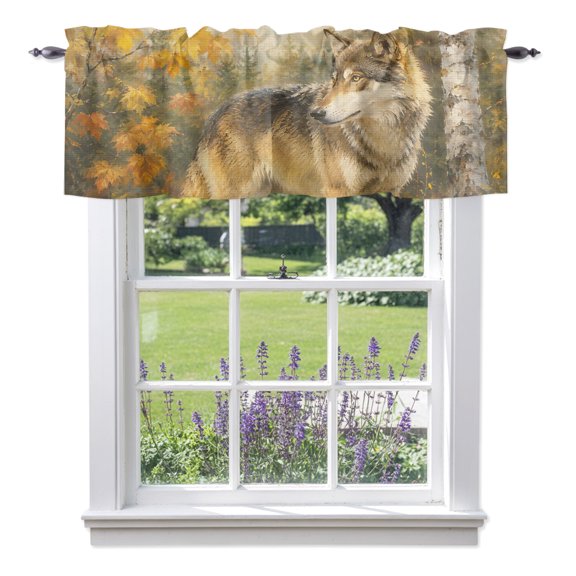 Fall Wolf Valances for Windows, Rustic Wildlife Amber Maple Leaf Birch Tree Forest Valance Window Treatment Rod Pocket Short Curtains Valances for Kitchen Bathroom 60"W x 18"L