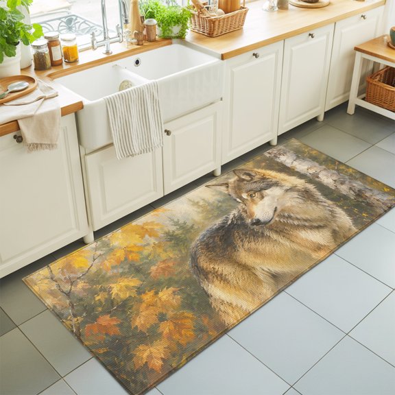 Fall Wolf Washable Runner Rugs 2'x6', Rustic Wildlife Amber Maple Leaf Birch Tree Forest Washable Runner Rug Non-Slip Sturdy Edge Binding Carpet for Bedside Hallway Runner Kitchen Galley