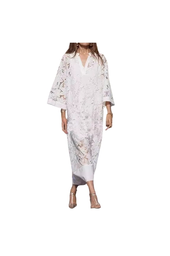 Fall Women Dress Hollow Lace Crochet Patchwork Double-layer V Neck Loose Three Quarter Sleeves Floral Embroidery Ankle Length Commuting Dating Maxi Dress