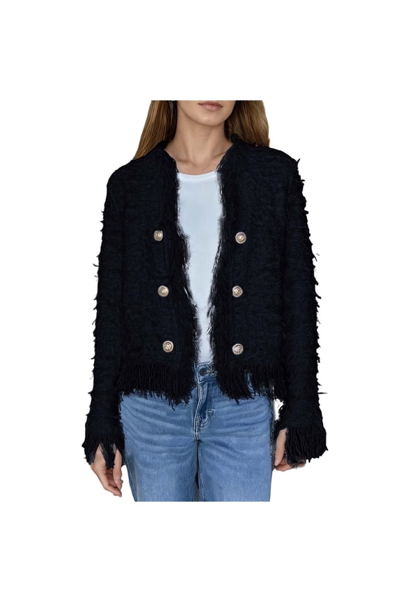 Fall Women Jacket Elegant Fringe Trim Double Cropped Tassel Trendy Outwear Coat Black