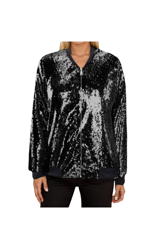 Fall Women Jacket Glitter Sequin Long Sleeve Zipper Baseball Party Carnival Bomber Plus Size Outwears Black