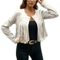thumbnail image 1 of Fall Women Jacket Solid Suede Fringe Button Open Front Cardigan Slim Fit Cropped Winter Clothes Beige, 1 of 5
