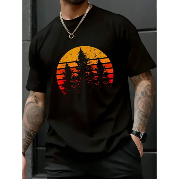 Fall Women T-Shirt Retro Sun Minimalist Pine Tree Design - Graphic Tee Shirt T-Shirt Halloween Pumpkin Thanks Giving Family Funny Christmas Graphic Casual Autumn Tee Tops Men's T Shirt
