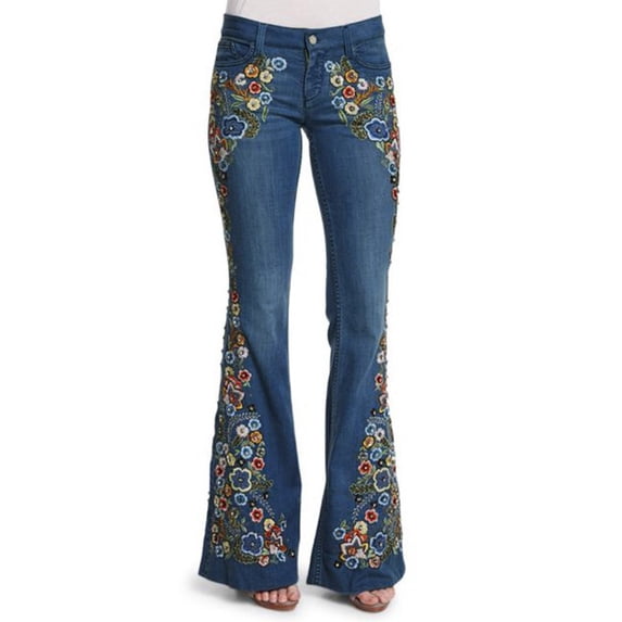Fall Womens Jeans Women Embroidery Destoryed Flare Jeans Button High ...