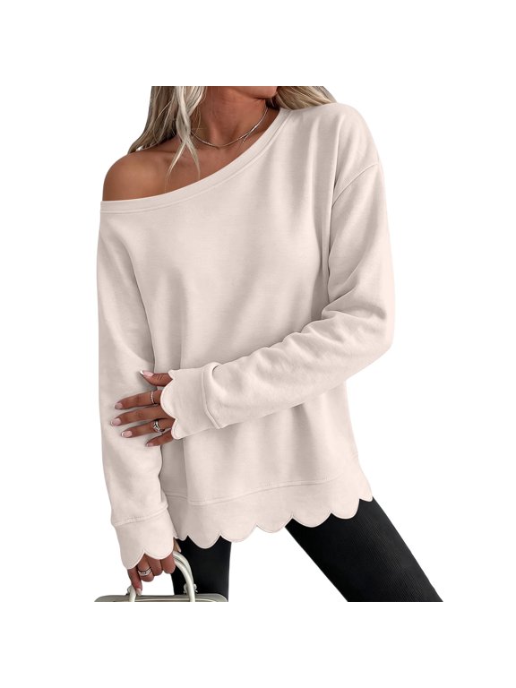 Fall Womens Solid Color Off Shoulder Diagonal Neck Pullover Tops Casual Loose Drop Shoulder Long Sleeve Sweatshirt Scalloped Wave Hem Soft Layering Blouses Khaki S