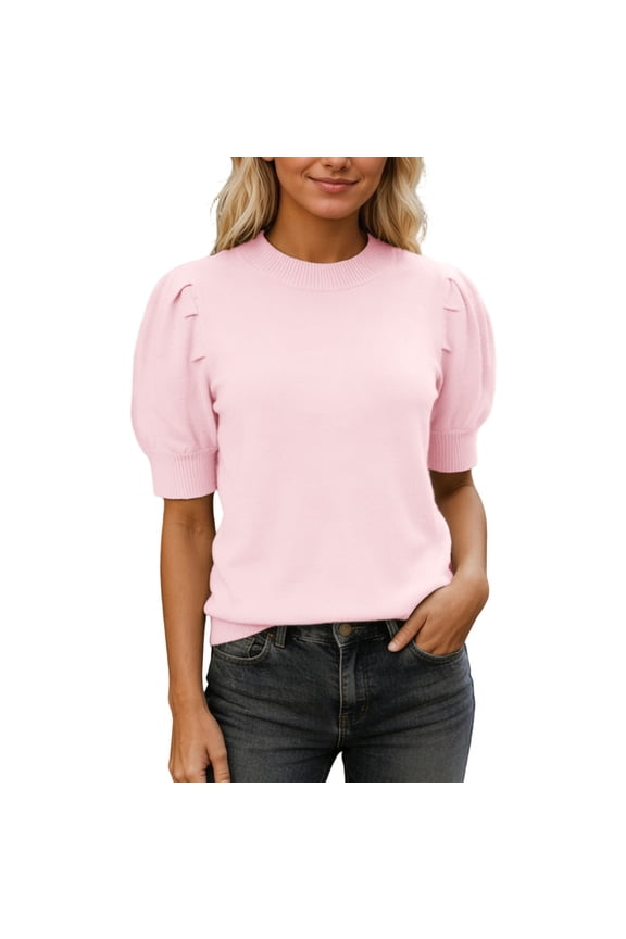 Fall Womens Sweater Puff Short Sleeve Solid Basic Casual Knitted Slim Summer Jumper Top Light Pink