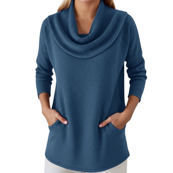 Fall Womens Sweater Solid Cowl Neck Long Sleeve Knitted With Pocket Fall Sweaters Blue