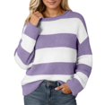 thumbnail image 1 of Fall Womens Sweater Stripe Color Block Ribbed Knitted Long Sleeve Crewneck Fall Knitwear Purple, 1 of 5