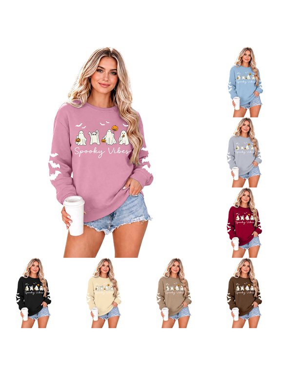 Fall Womens Sweatshirts, for Her Spooky Vibes Ghost and Bat Lettering Casual Sweatshirt for Pumpkin Patch Trip and Everyday Wear Loose Fit