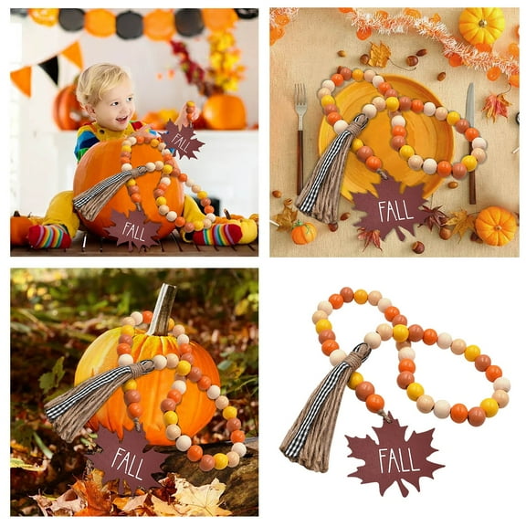 Fall Wood Bead Garland with Tassel Rustic Farmhouse Thanksgiving Decor, Wooden Beads String with Maple Leaf Plaid Tassel for Tiered Tray, Shelf,Mantle, Wall Hanging Autumn Home Festival Decorations