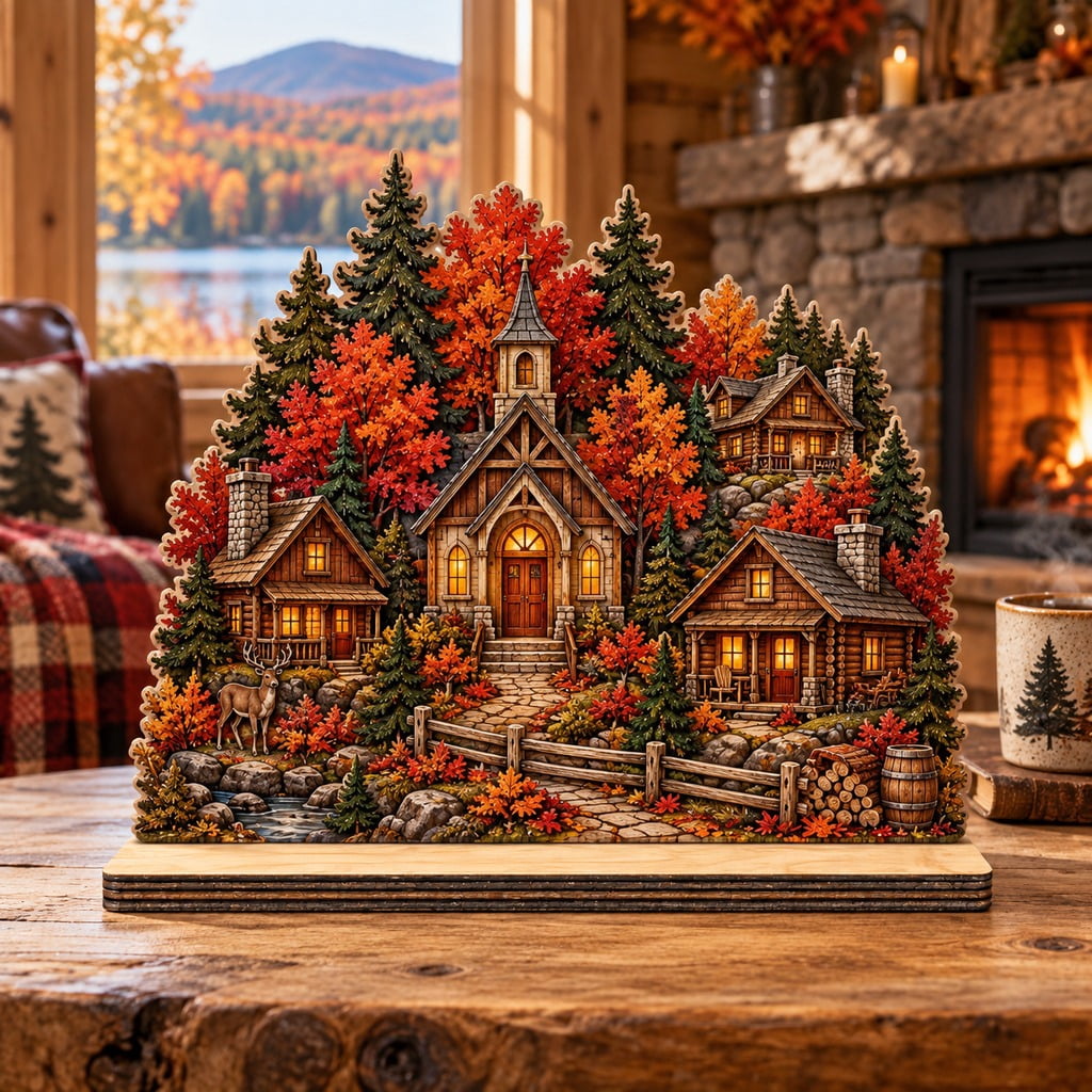 Fall Barber Display Fall Wooden Block Autumn Chapel Village Tabletop Display for Cabin ...