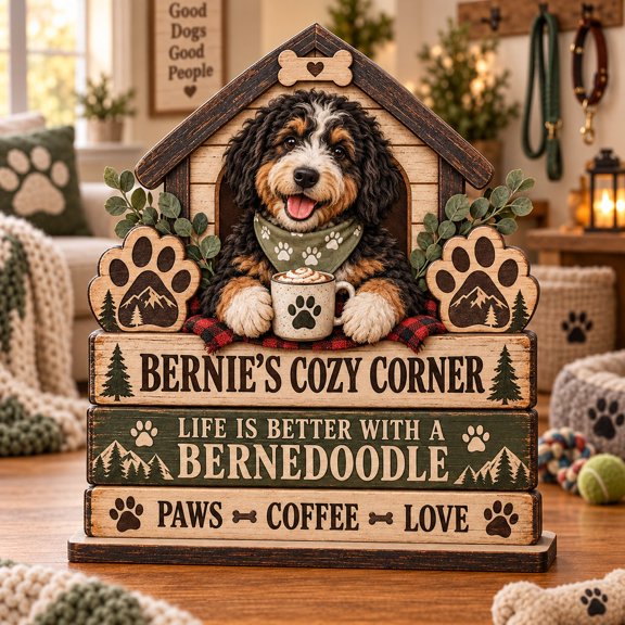 Fall Wooden Block Bernedoodle Rustic Wood Shelf Decor Gift for Pet Lovers