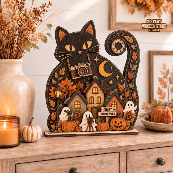 Fall Wooden Block Ghost Photo Walk Black Cat Pumpkin Village Tabletop Display for Photography Lovers