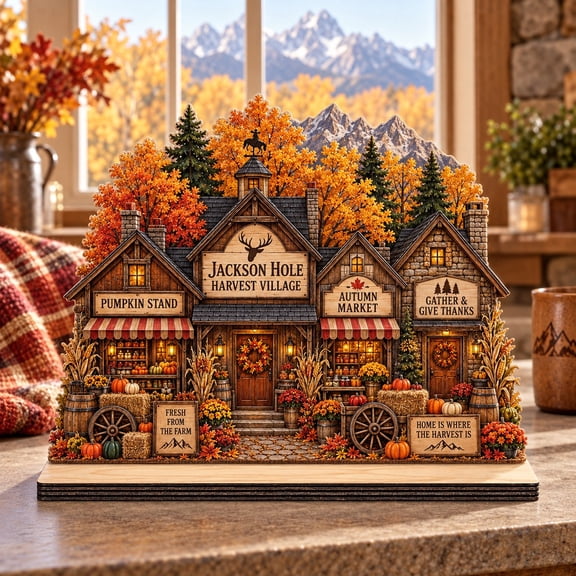 Fall Wooden Block Jackson Hole Harvest Village Rustic Pumpkin Stand Countertop Accent for Thanksgiving