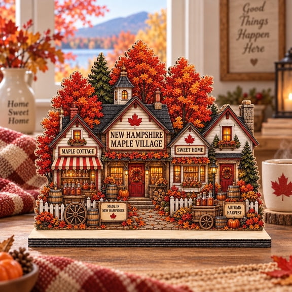 Fall Wooden Block New Hampshire Maple Village Cottage Scene for Autumn Table Display