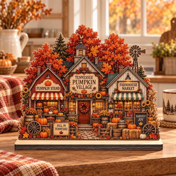 Fall Wooden Block Tennessee Pumpkin Village Farmhouse Shops Tabletop Display for Autumn Gifts
