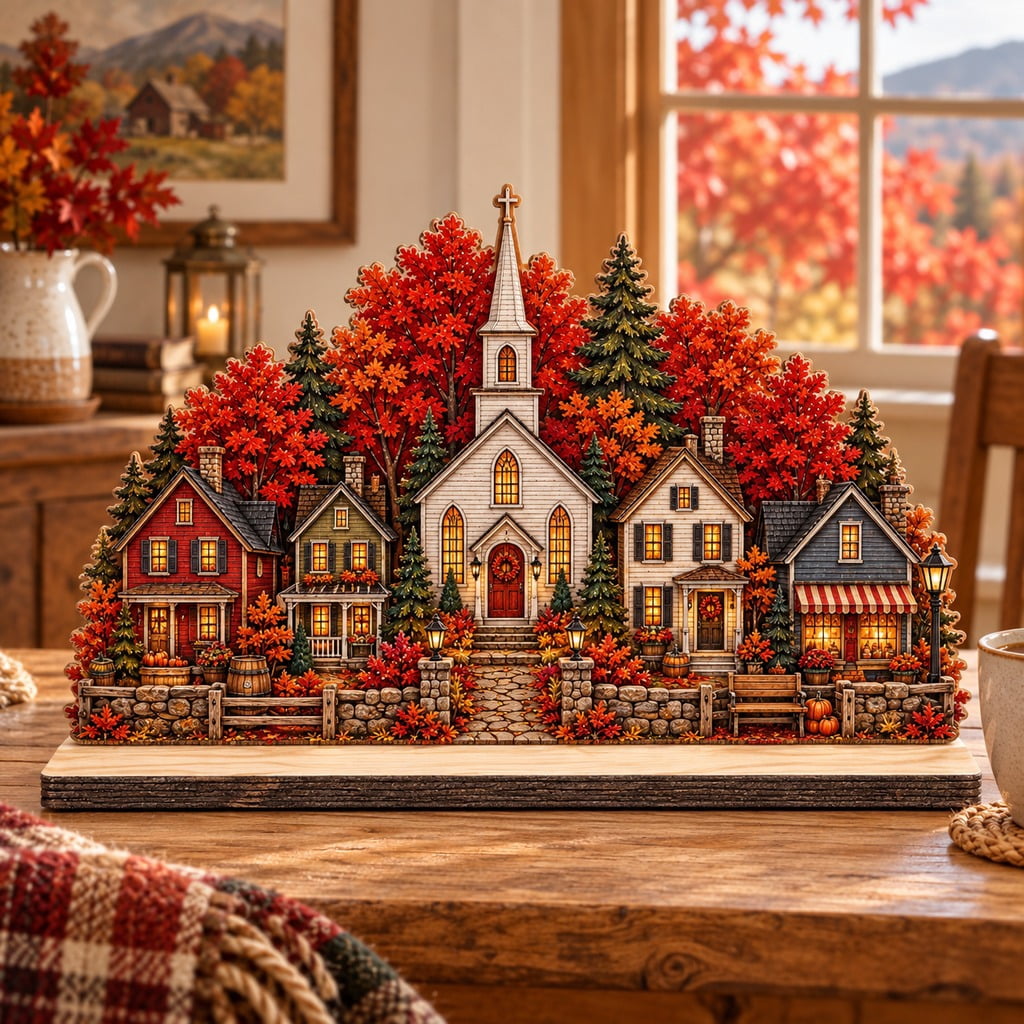 Fall Barber Display Fall Wooden Block Vermont Church Village Tabletop Display for ...