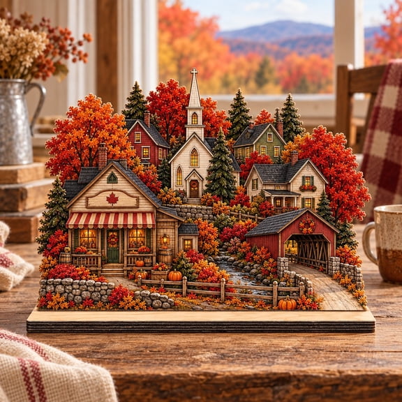 Fall Wooden Block Vermont Country Village Church and Maple Scene for Autumn Table Display