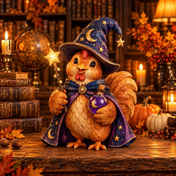 Fall Wooden Decor Wizard Chicken, Celestial Tabletop Accent for Thanksgiving Hosts