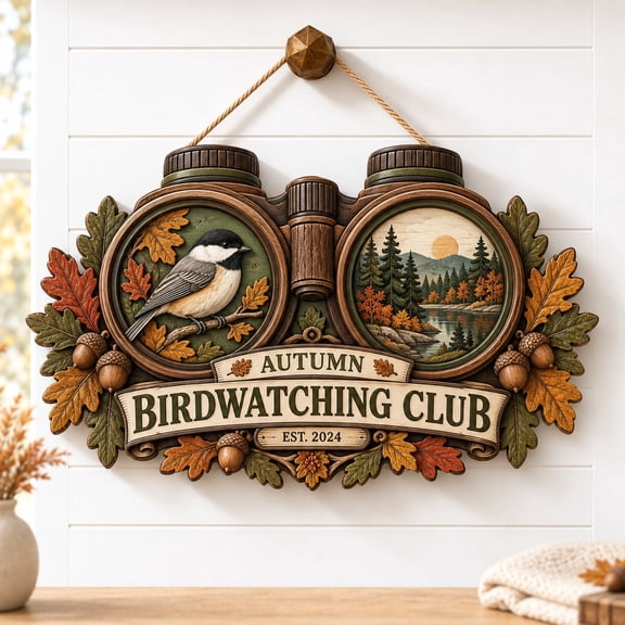 Fall Wooden Door Sign, Autumn Birdwatching Club Chickadee Binocular Plaque for Entryway, Nature Lovers