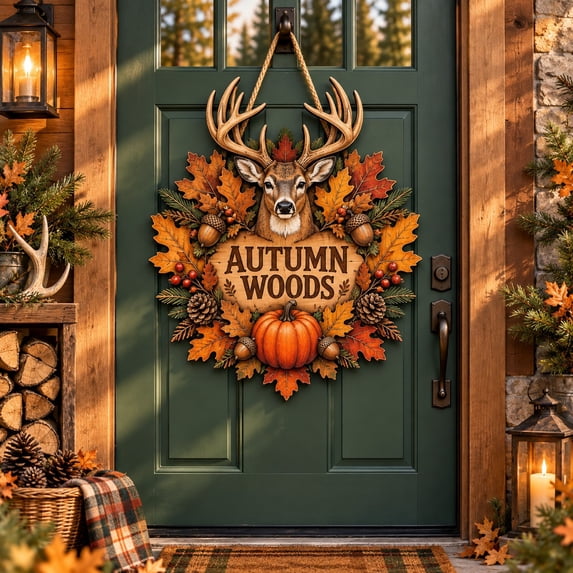Fall Wooden Door Sign, Autumn Woods Whitetail Deer and Pumpkin Front ...