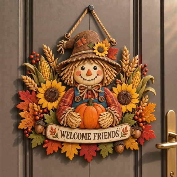 Fall Wooden Door Sign, Friendly Scarecrow Thanksgiving Entryway Welcome