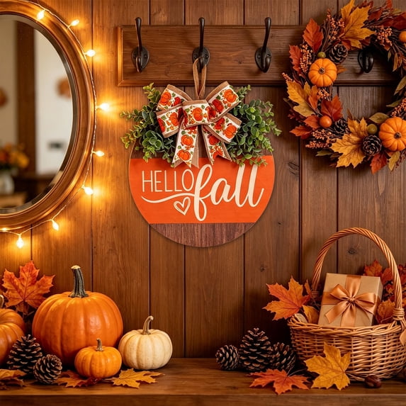 Fall Wooden Door Sign, Pumpkin Welcome Hanger Plaque, Rustic Autumn Wall Decor For Front Porch Entryway Farmhouse