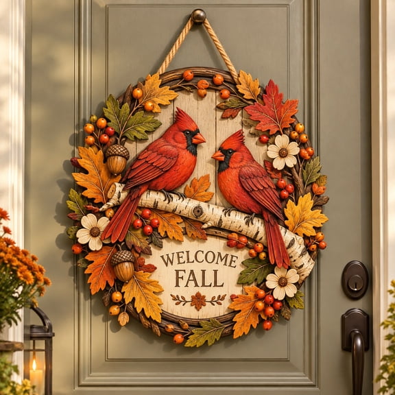 Fall Wooden Door Sign, Red Cardinal Branch Thanksgiving Entryway Hanging for Home