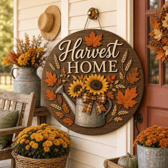 Fall Wooden Door Sign with Harvest Home Sunflower Pumpkin for Entryway