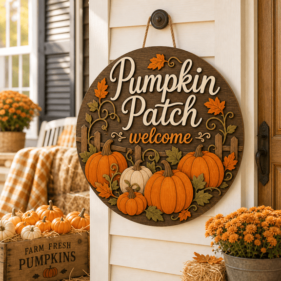 Fall Wooden Door Sign with Pumpkin Patch Welcome for Farmhouse Porch