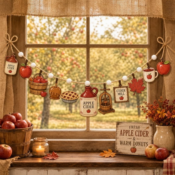 Fall Wooden Garland Apple Cider Mill Wood Window or Mantel Hanging for Thanksgiving