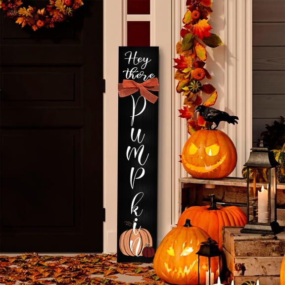Fall Wooden Porch Sign with 'Hey there pumpkin'and orange burlap bow,Thanksgiving Door Decoration Decorations Welcome Sign for Porch Farmhouse Autumn Front Door Decor 47"7.8"