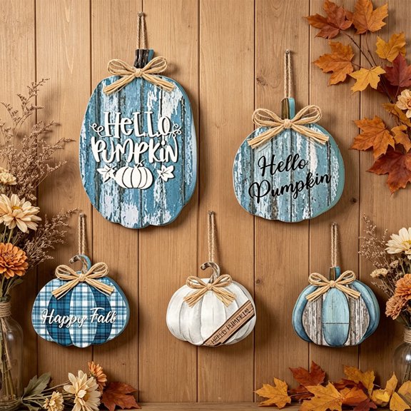 Fall Wooden Pumpkin Sign Set, Rustic Hanging Pumpkin Door Plaques with Raffia Bows for Thanksgiving Autumn Farmhouse Front Door Decor